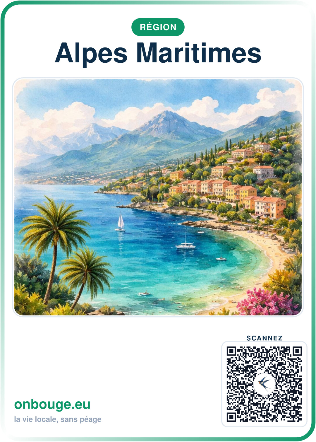 Aquarelle Alpes-Maritimes — carte OnBouge avec QR