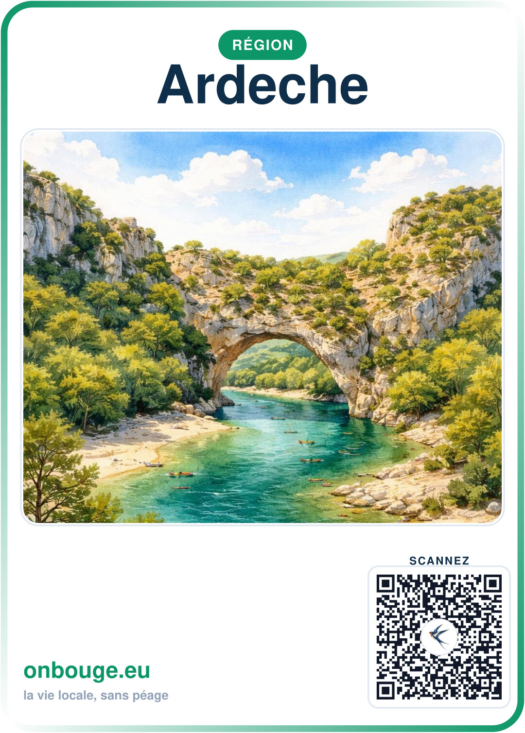 Aquarelle Ardèche — carte OnBouge avec QR