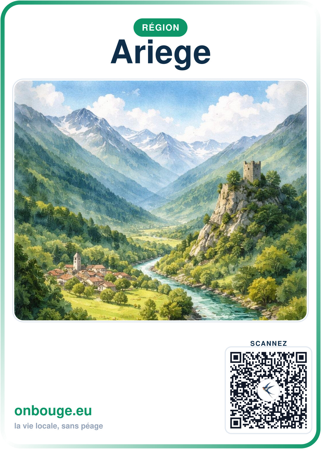 Aquarelle Ariège — carte OnBouge avec QR