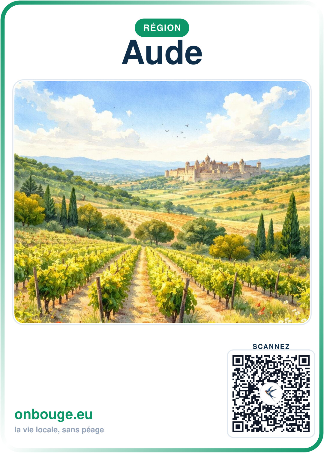 Aquarelle Aude — carte OnBouge avec QR