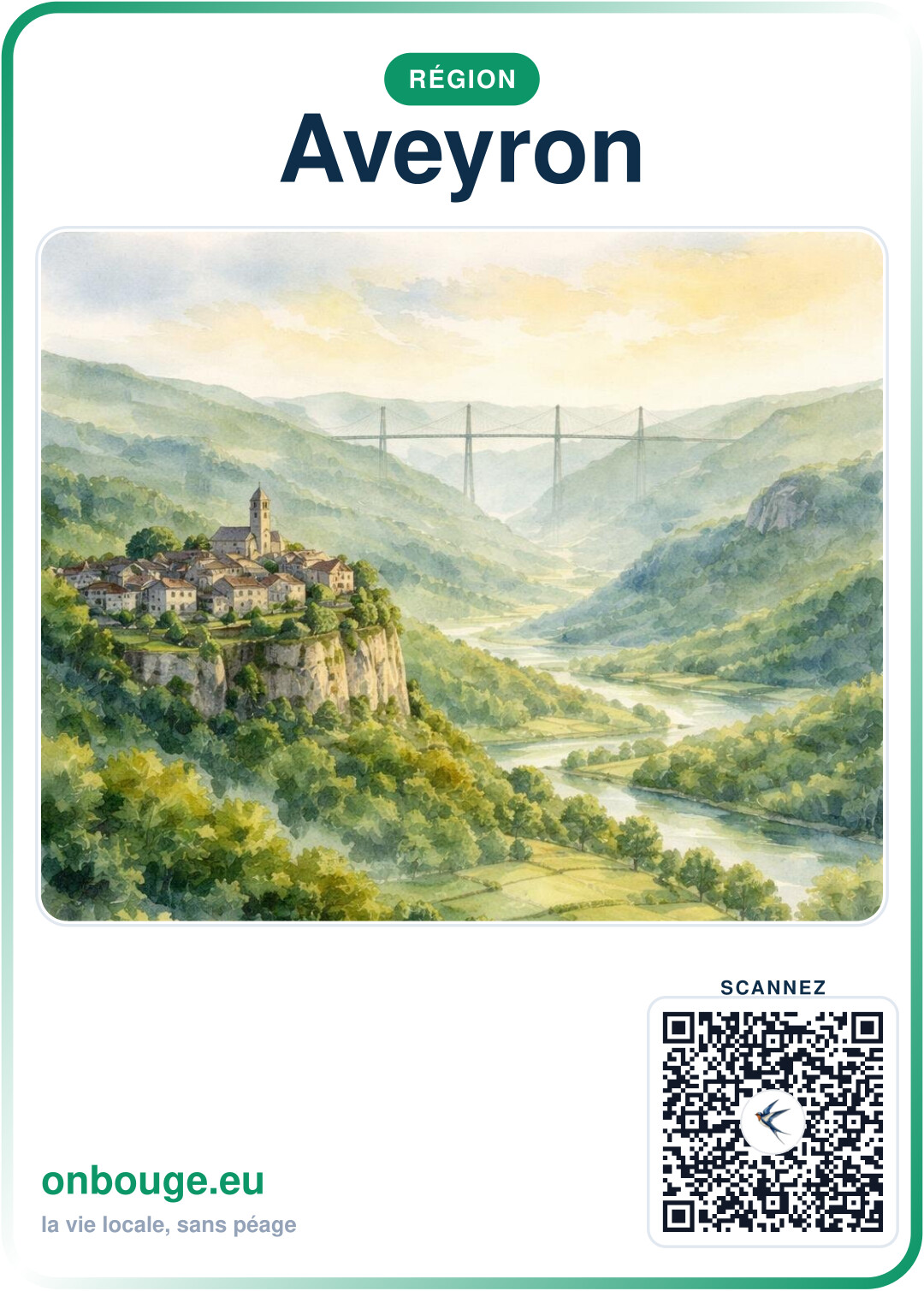 Aquarelle Aveyron — carte OnBouge avec QR