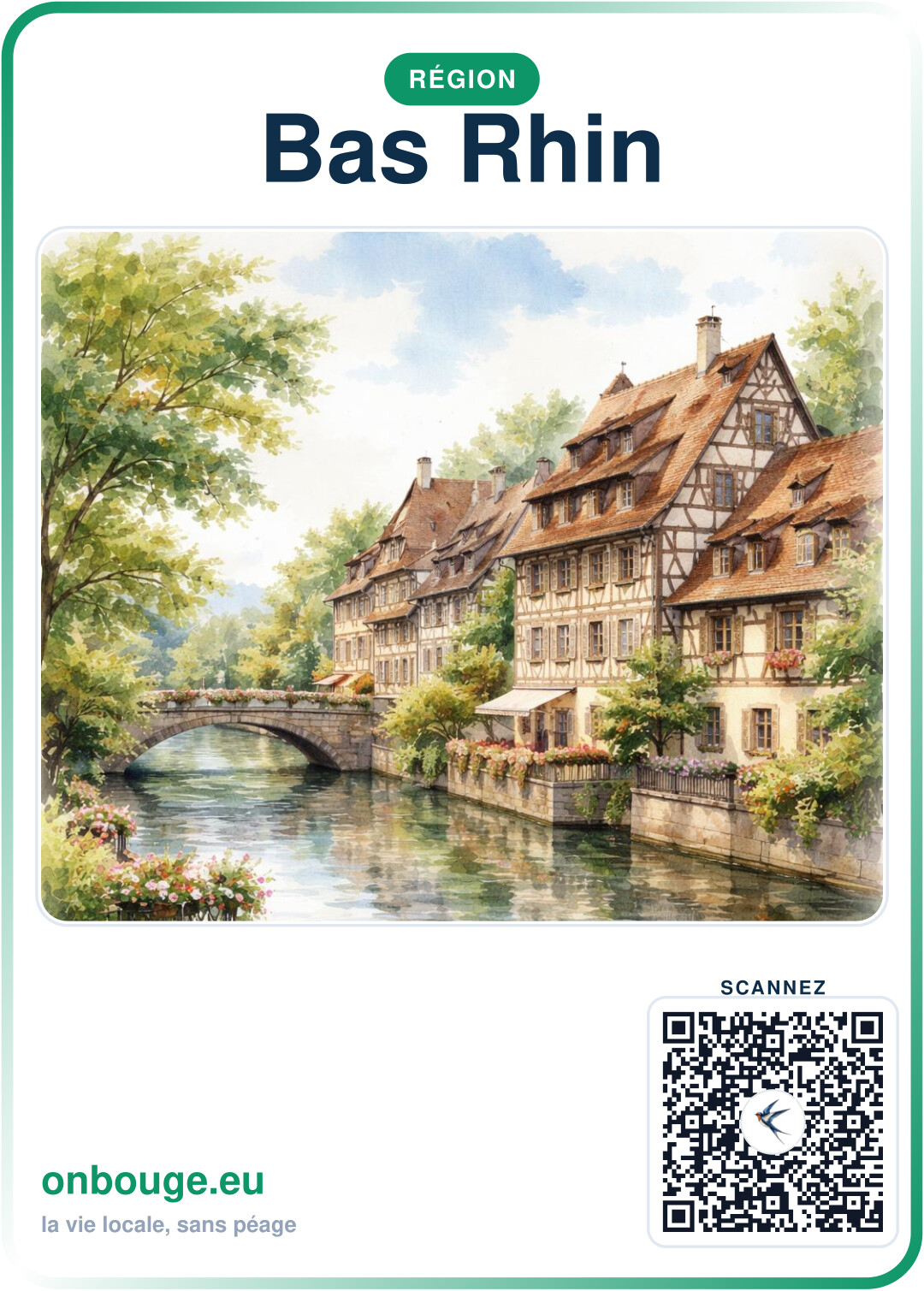 Aquarelle Bas-Rhin — carte OnBouge avec QR