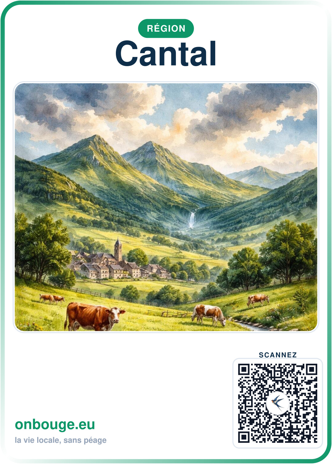 Aquarelle Cantal — carte OnBouge avec QR