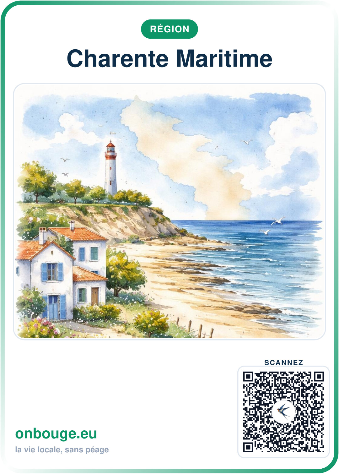 Aquarelle Charente-Maritime — carte OnBouge avec QR