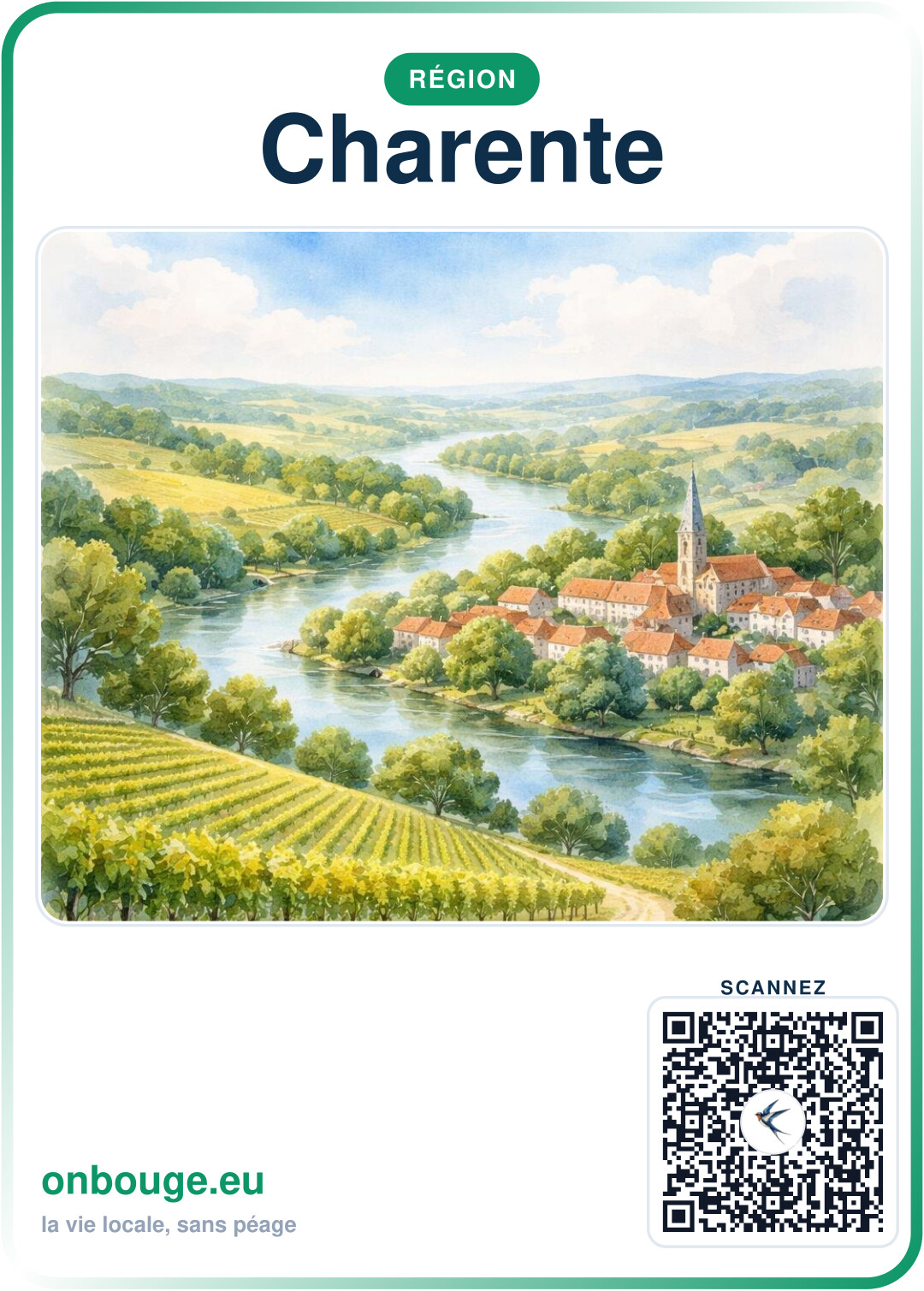 Aquarelle Charente — carte OnBouge avec QR