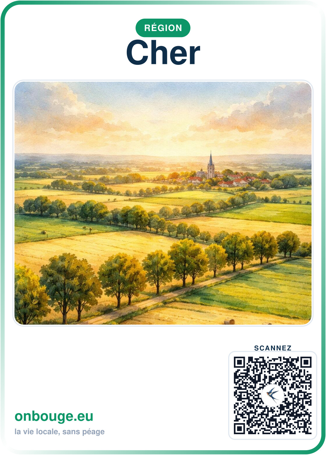 Aquarelle Cher — carte OnBouge avec QR