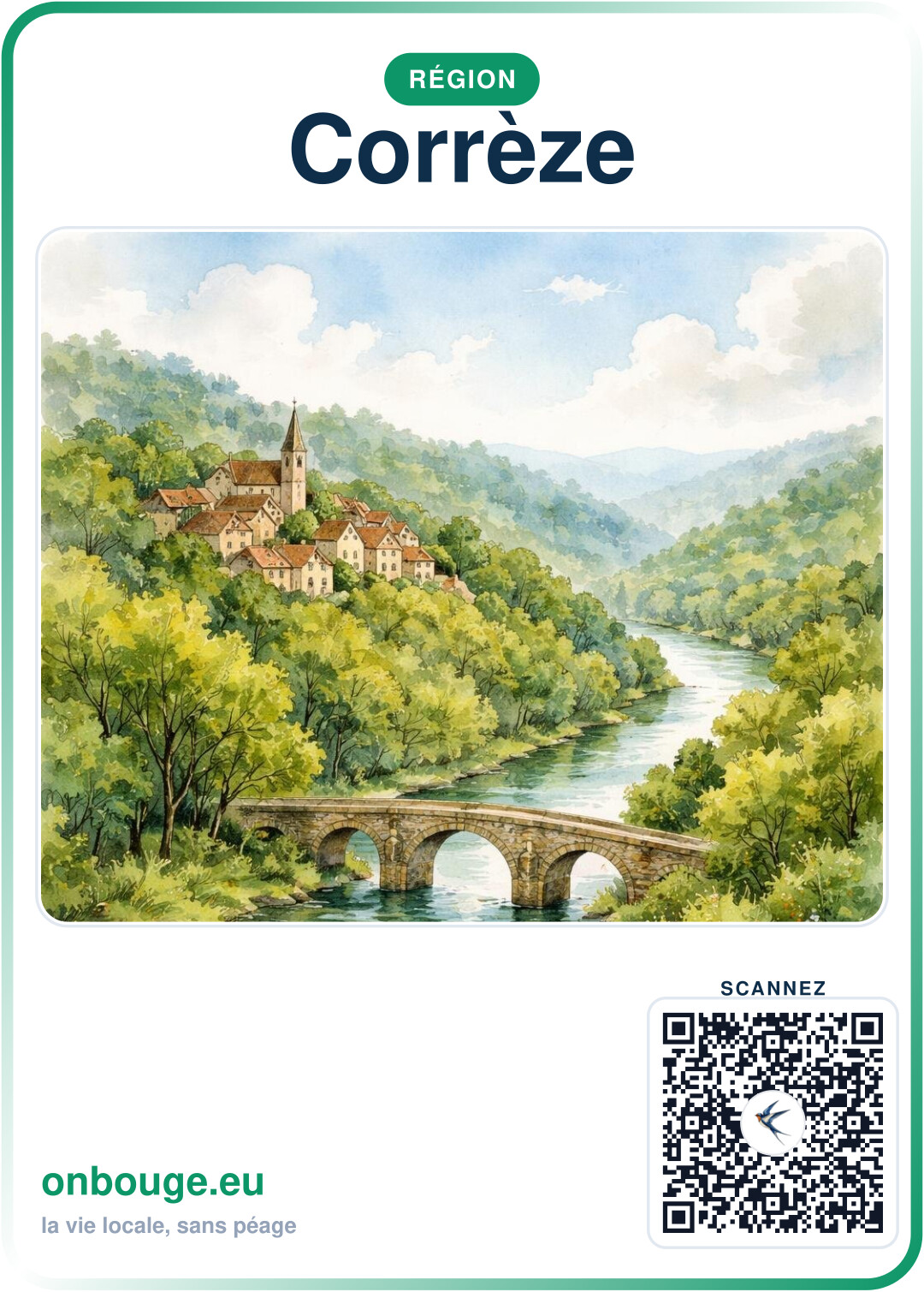 Aquarelle Corrèze — carte OnBouge avec QR