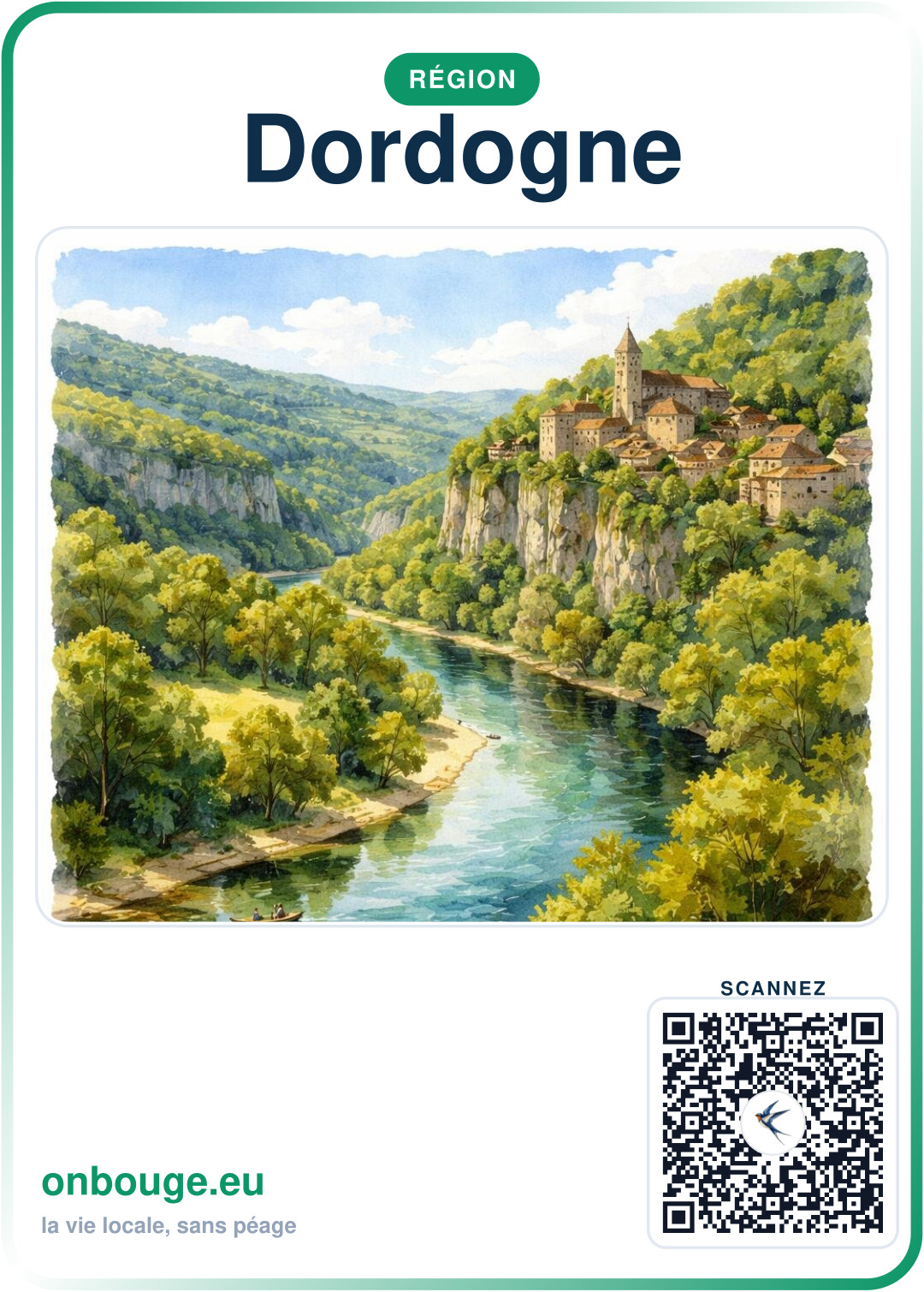 Aquarelle Dordogne — carte OnBouge avec QR