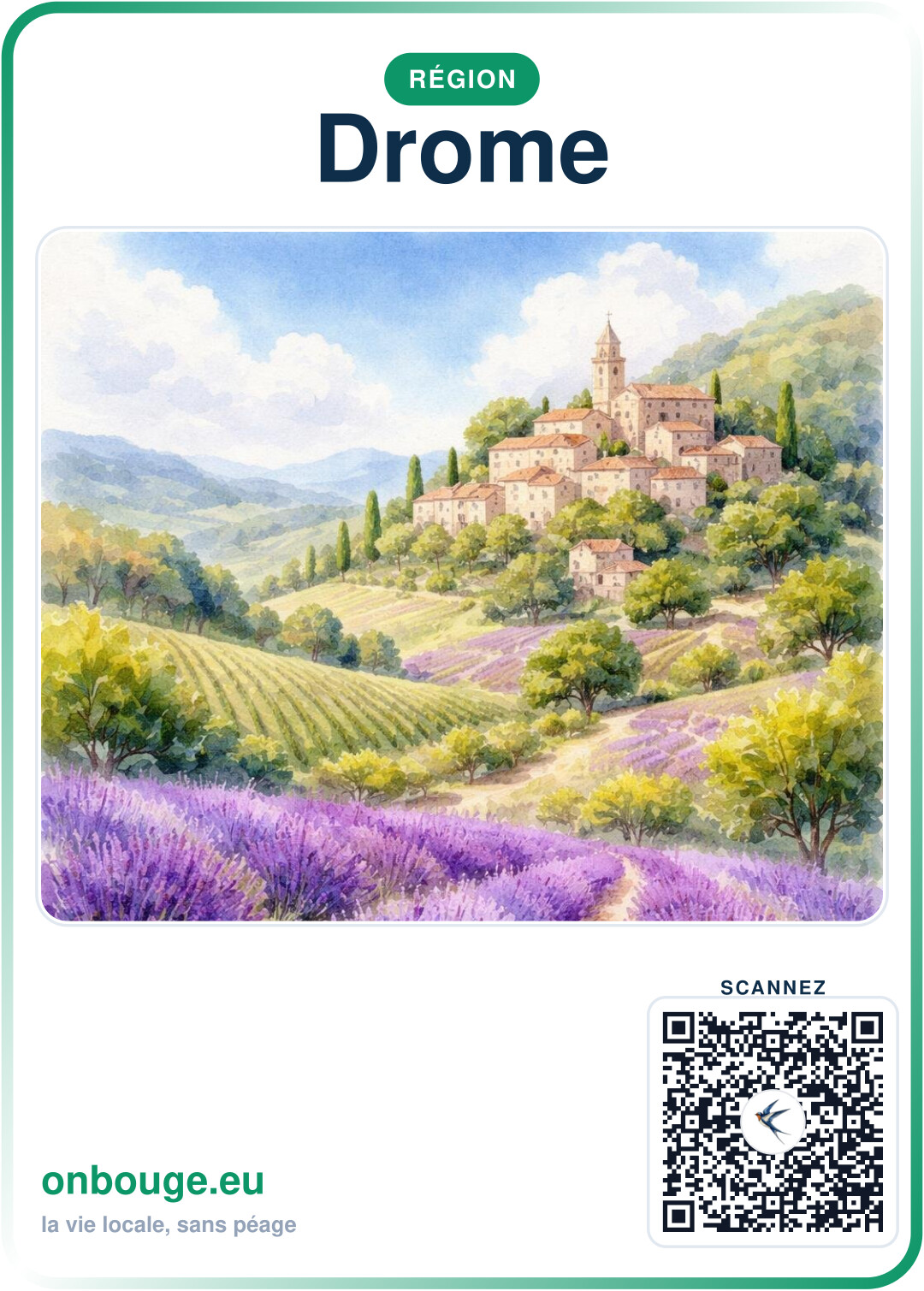 Aquarelle Drôme — carte OnBouge avec QR