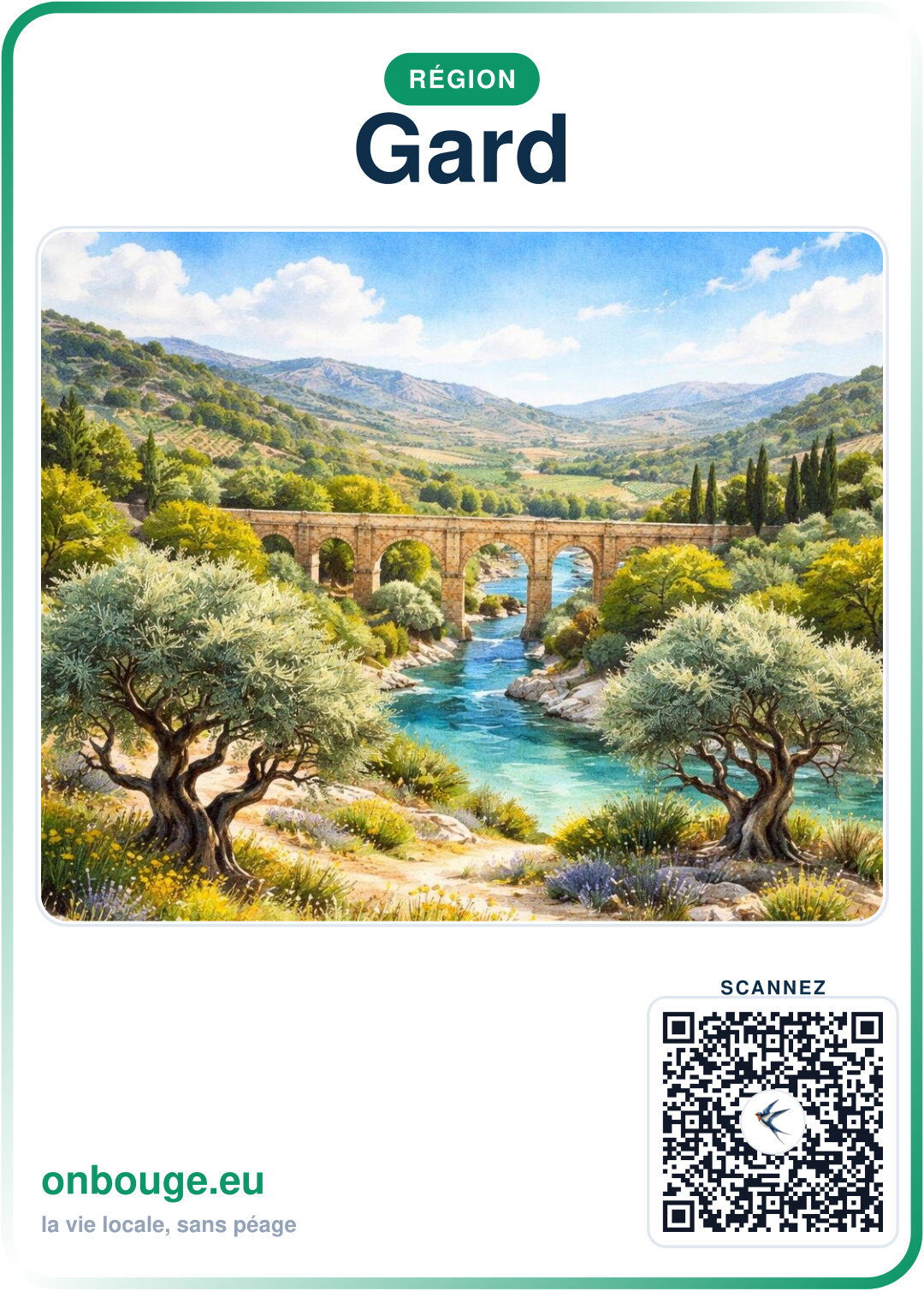 Aquarelle Gard — carte OnBouge avec QR