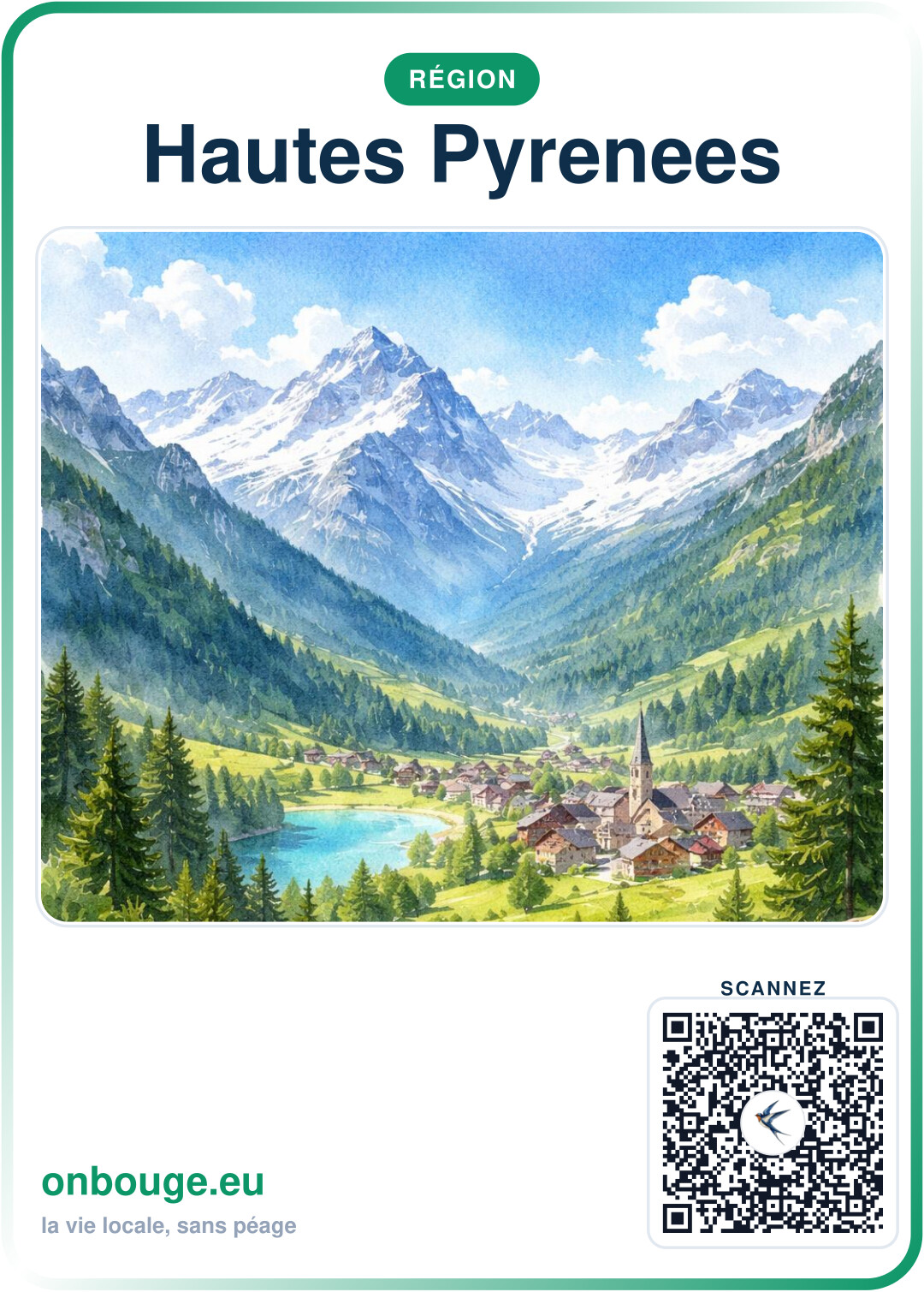 Aquarelle Hautes-Pyrénées — carte OnBouge avec QR
