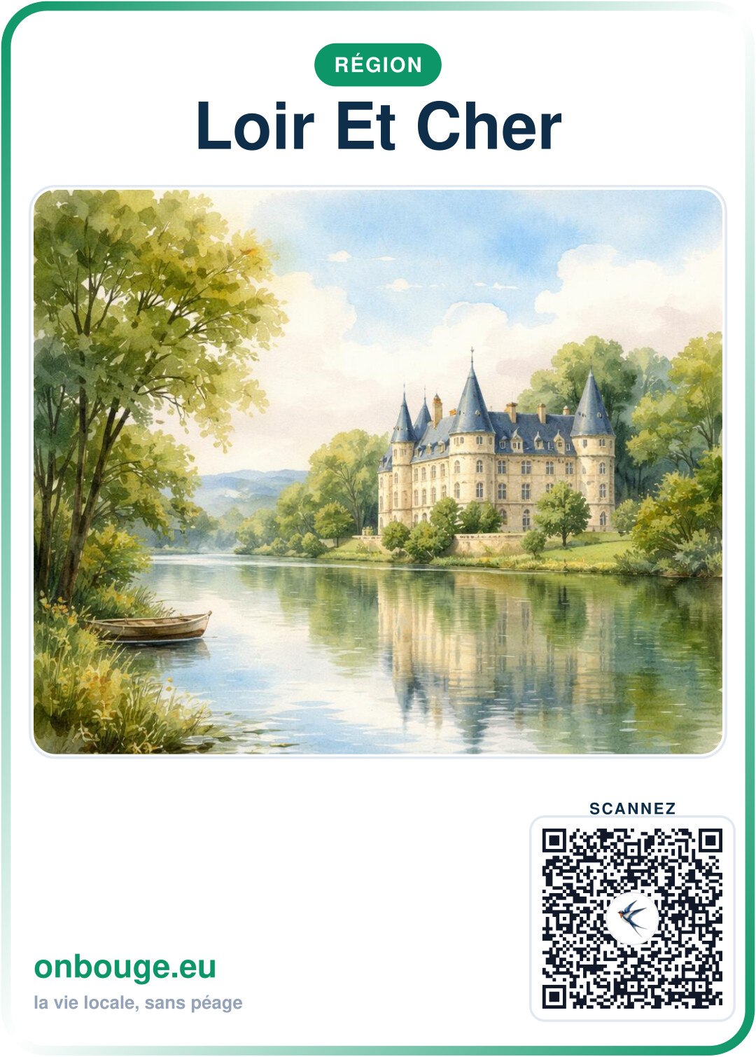 Aquarelle Loir-et-Cher — carte OnBouge avec QR
