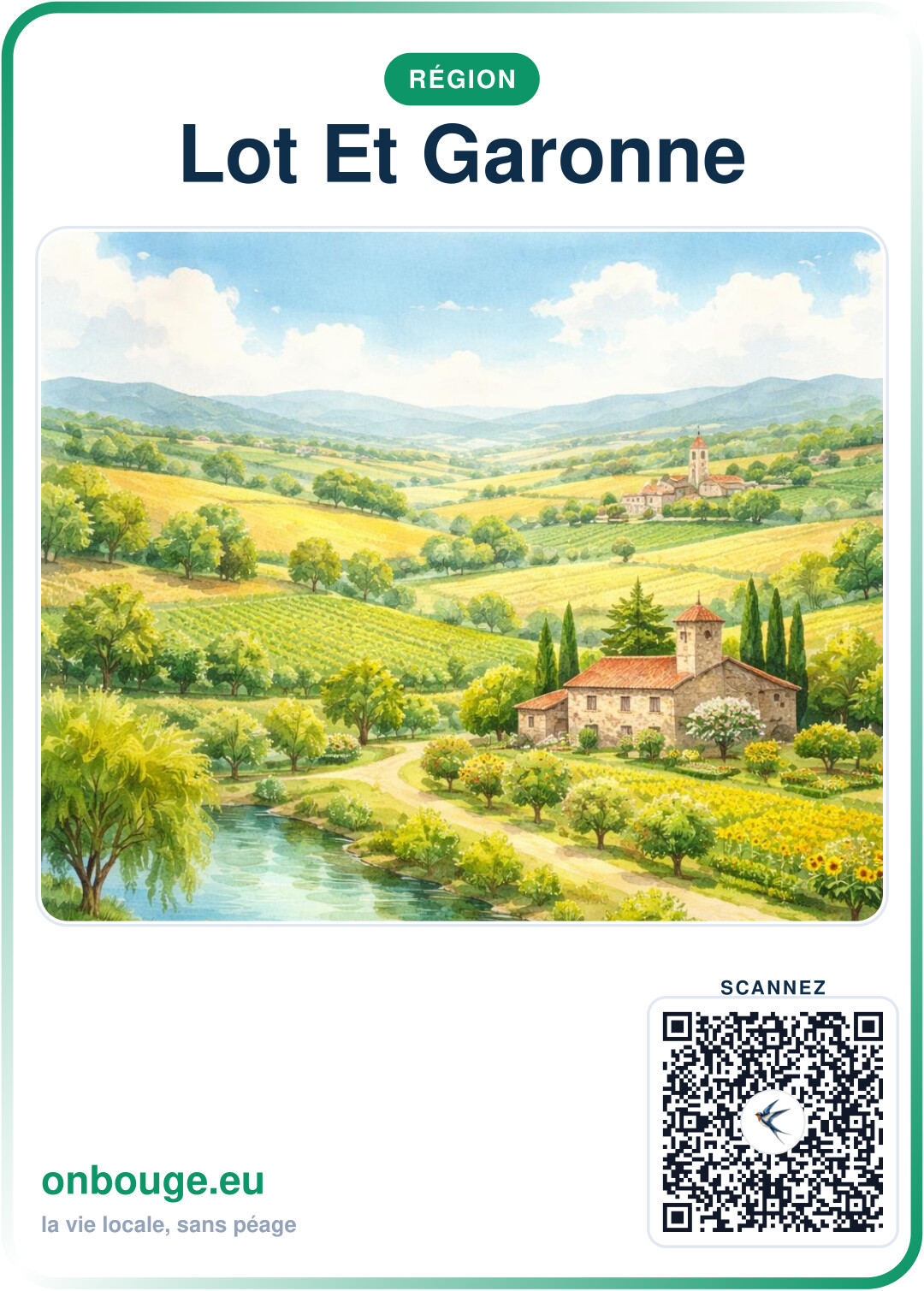 Aquarelle Lot-et-Garonne — carte OnBouge avec QR