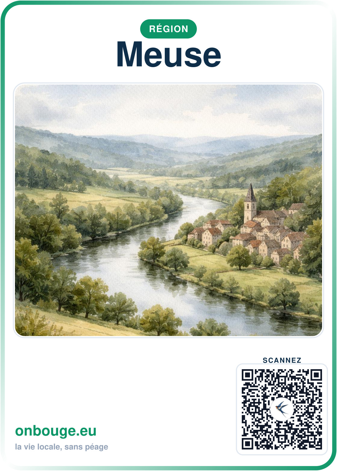 Aquarelle Meuse — carte OnBouge avec QR