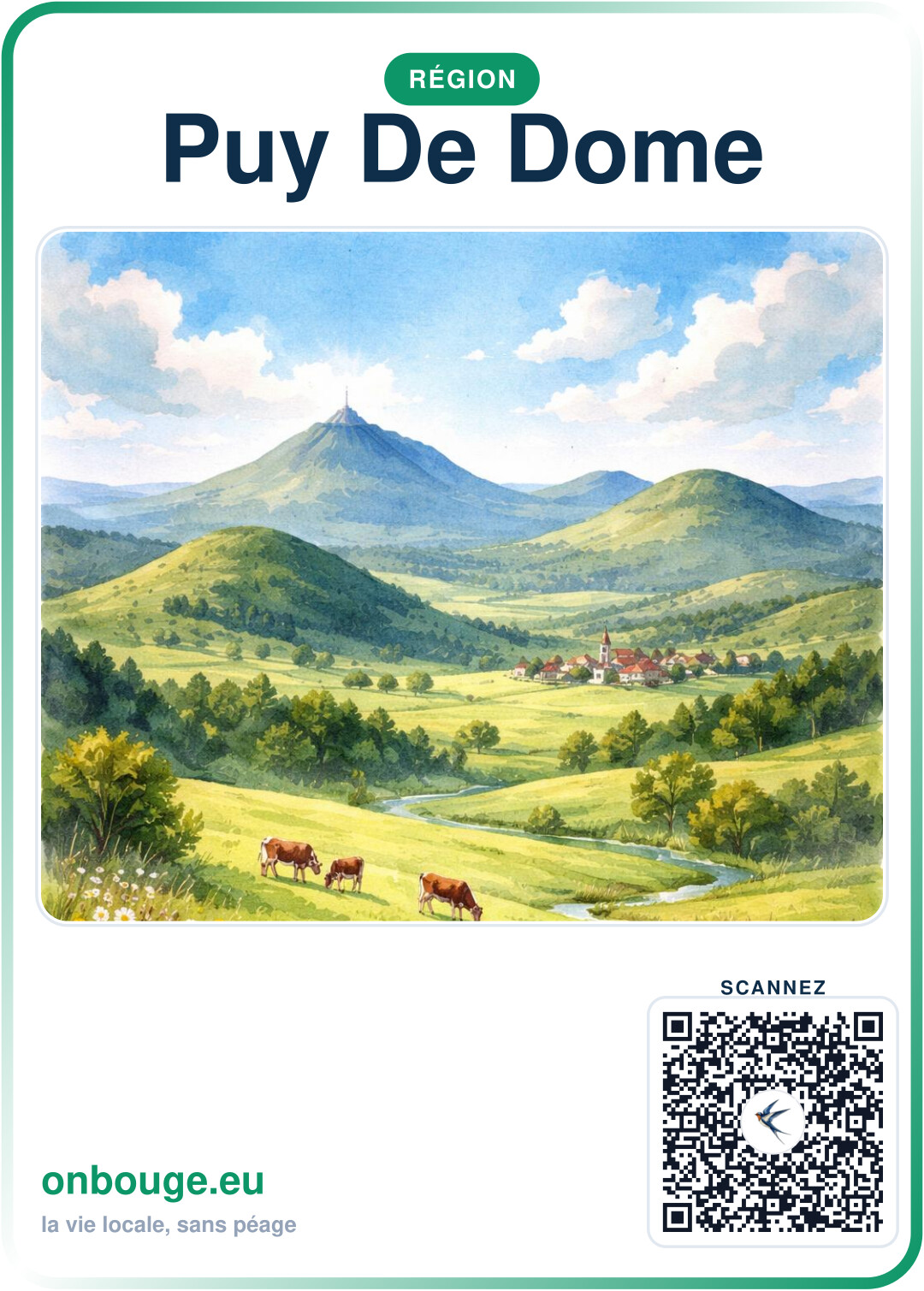 Aquarelle Puy-de-Dôme — carte OnBouge avec QR