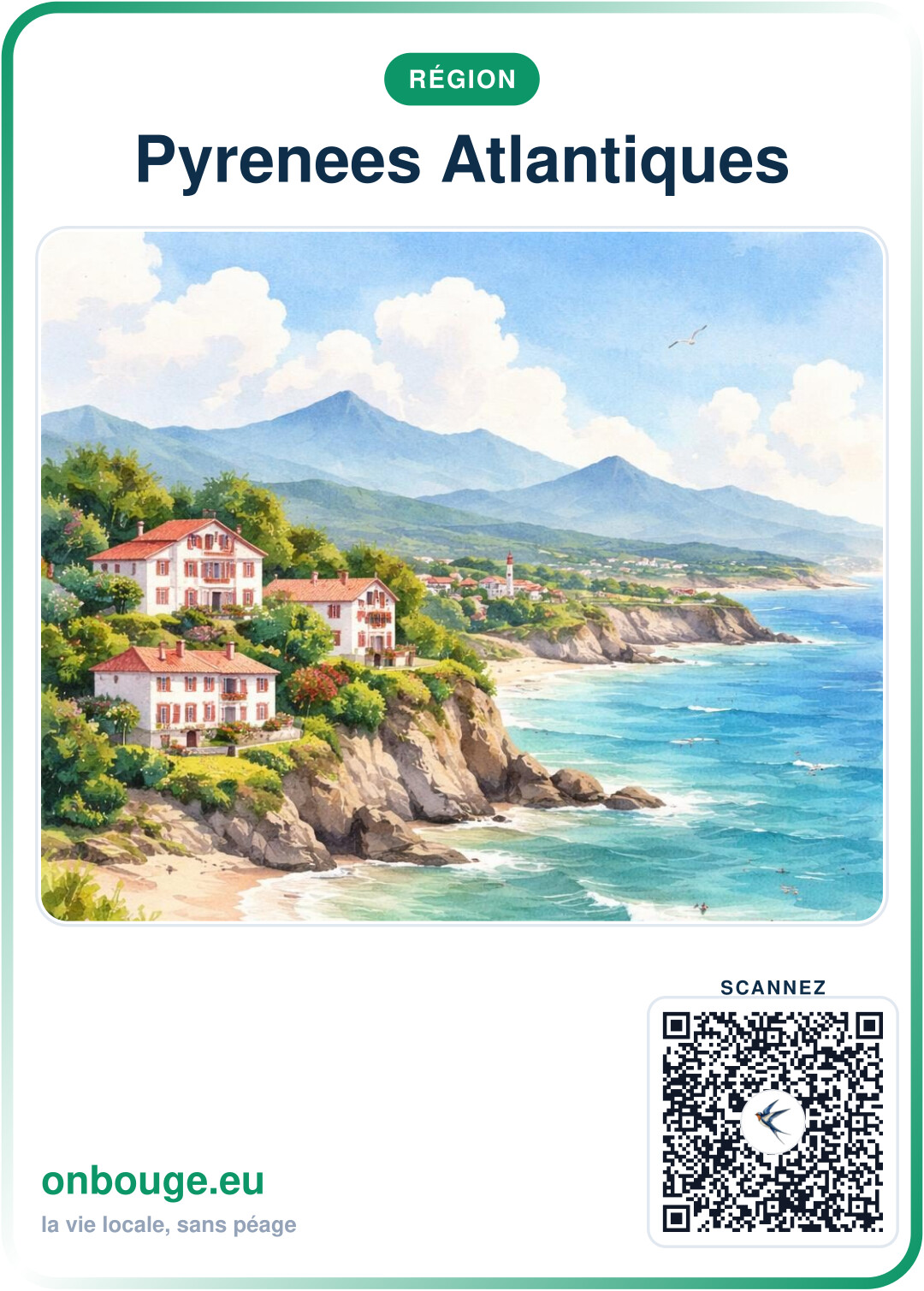 Aquarelle Pyrénées-Atlantiques — carte OnBouge avec QR