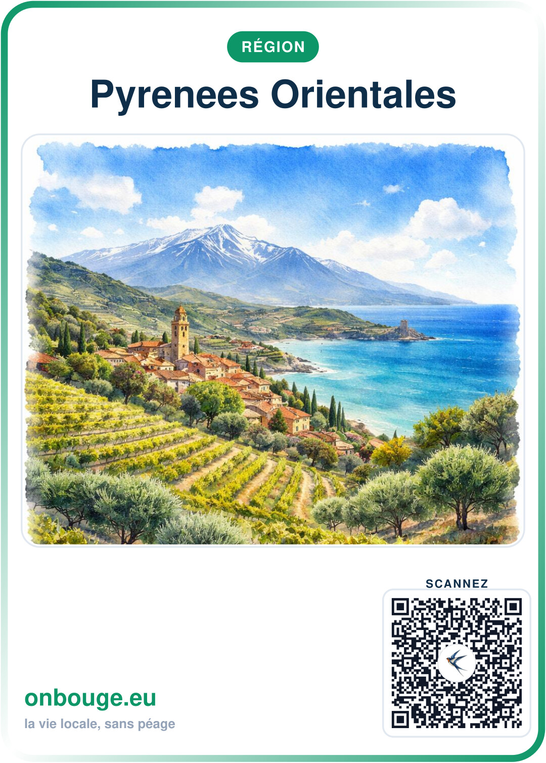 Aquarelle Pyrénées-Orientales — carte OnBouge avec QR
