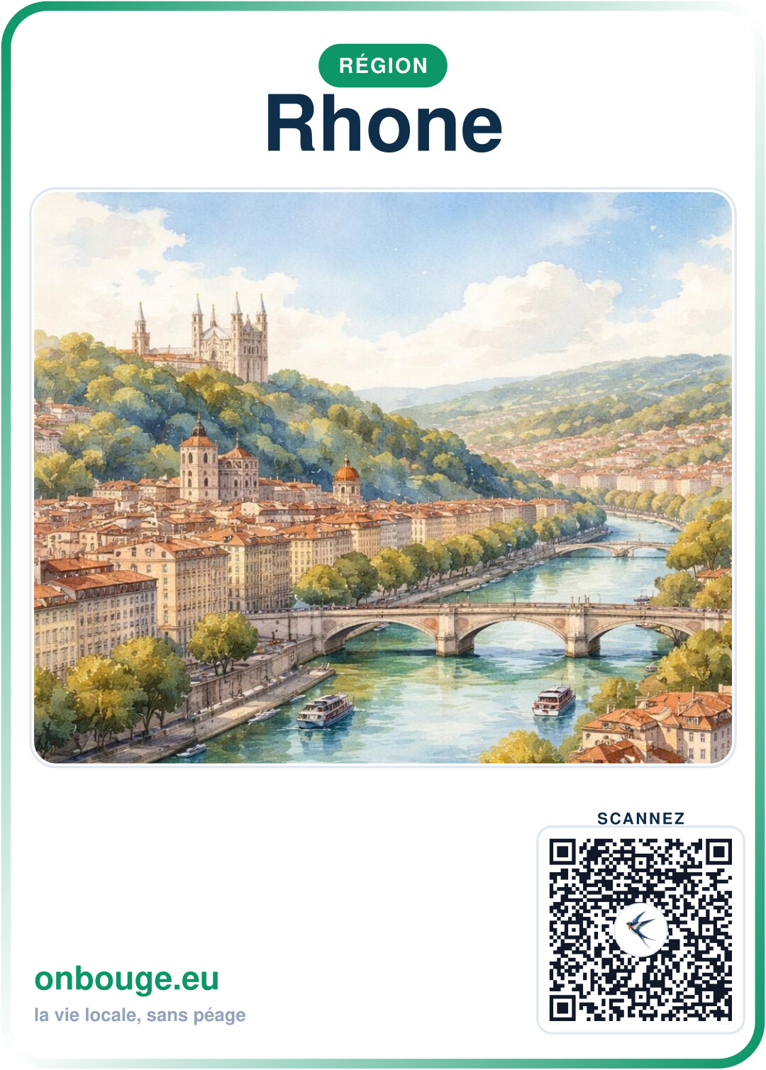 Aquarelle Rhône — carte OnBouge avec QR