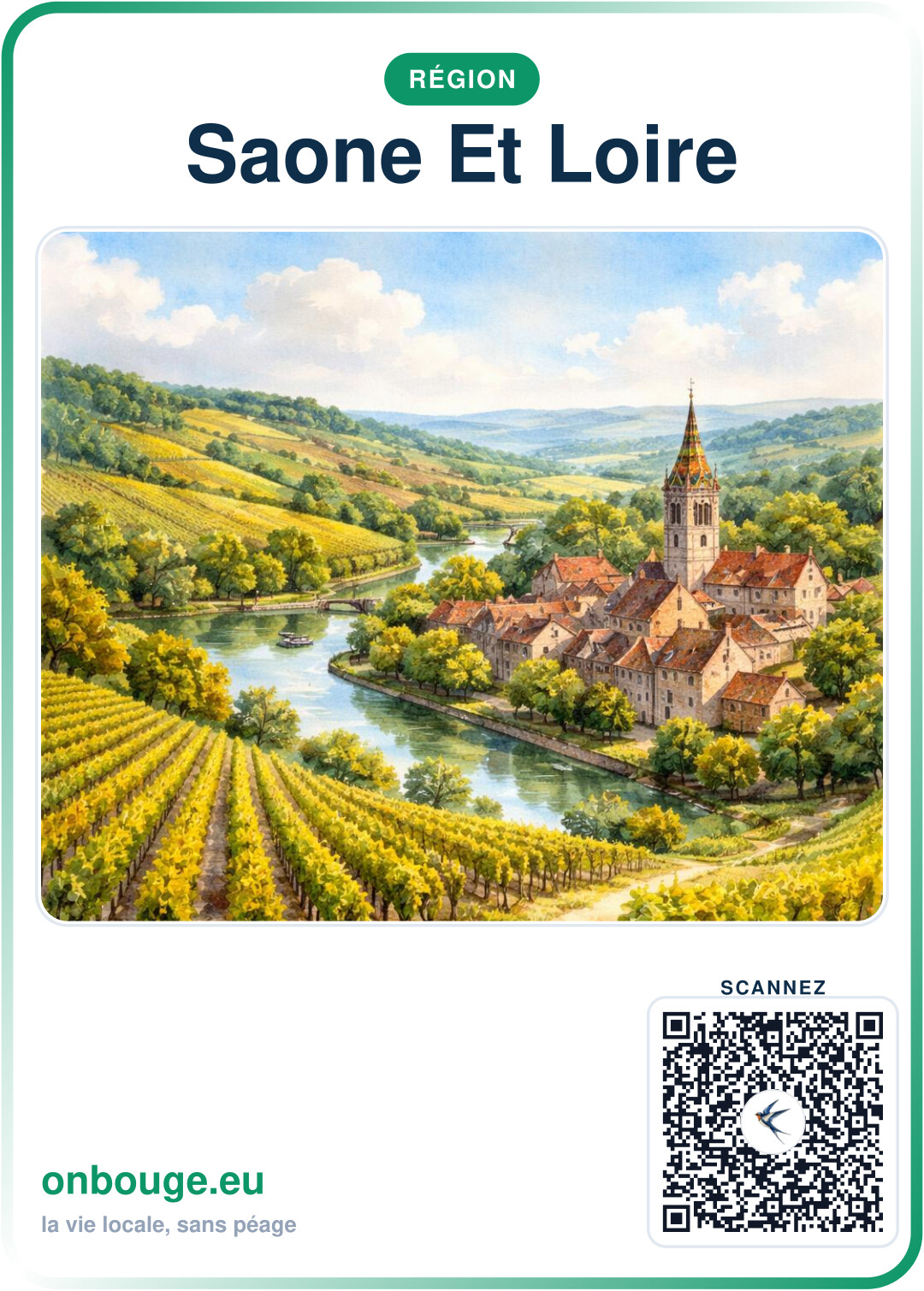 Aquarelle Saône-et-Loire — carte OnBouge avec QR