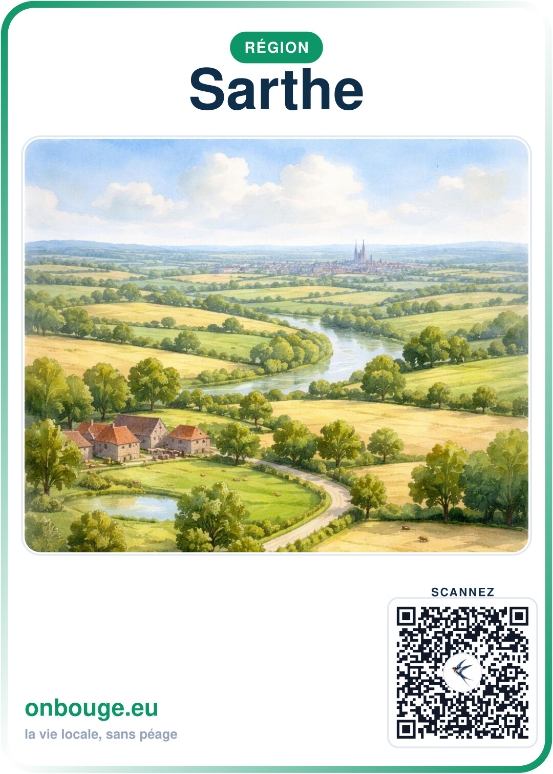 Aquarelle Sarthe — carte OnBouge avec QR