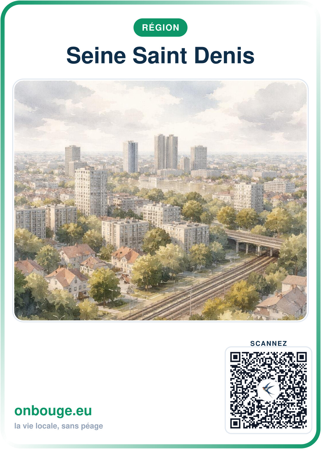 Aquarelle Seine-Saint-Denis — carte OnBouge avec QR